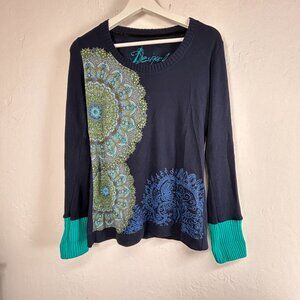Desigual Womens Scoop Neck Long Sleeve Mandala Print Top Medium Blue Art to Wear